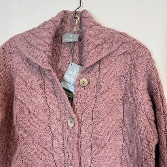 Aran Cardigan Sweater Pink Irish Cable Knit Chunky Ireland Wool Luxury Large - Picture 5 of 13